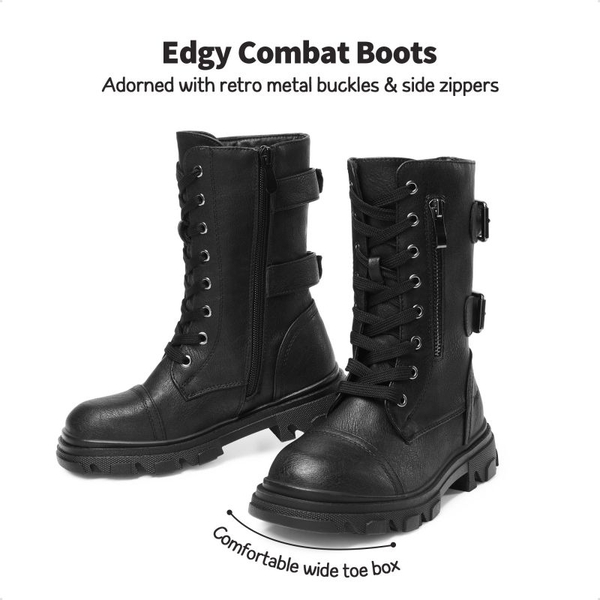 Girls Vegan Leather Combat Ankle Boots - BLACK - 1
